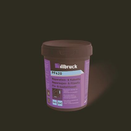 Vit burk med grönt och lila etikett som visar texten "illbruck PF420 Reparation- & Kakelfix".