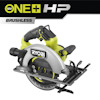 Cirkelsåg av märket Ryobi ONE+ HP med handtag, metallklinga och märkningen "18V Brushless".