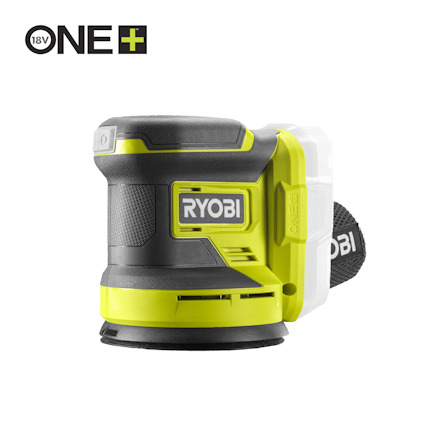 Excenterslip RYOBI 18V i grön och svart, sedd från sidan med sladdlös design och texten "ONE+" på vit bakgrund.