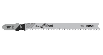 Sticksågblad av metall märkt "T101B" och "clean for wood" från Bosch.