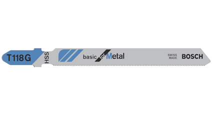 Sågblad för metall, Bosch T118G, HSS-stål, text: "basic for Metal", "SWISS MADE".