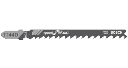 Sticksågklinga med texten "T144D HCS speed for Wood, SWISS MADE, BOSCH".