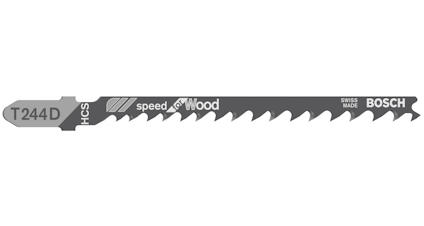 Tigersågblad från Bosch, grått med text "HCS T244D Speed for Wood" och "Swiss Made".