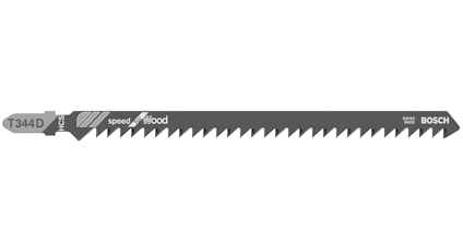 Sticksågblad T344D av märket Bosch, med grova tänder och inskriptioner "speed for wood" och "HCS".