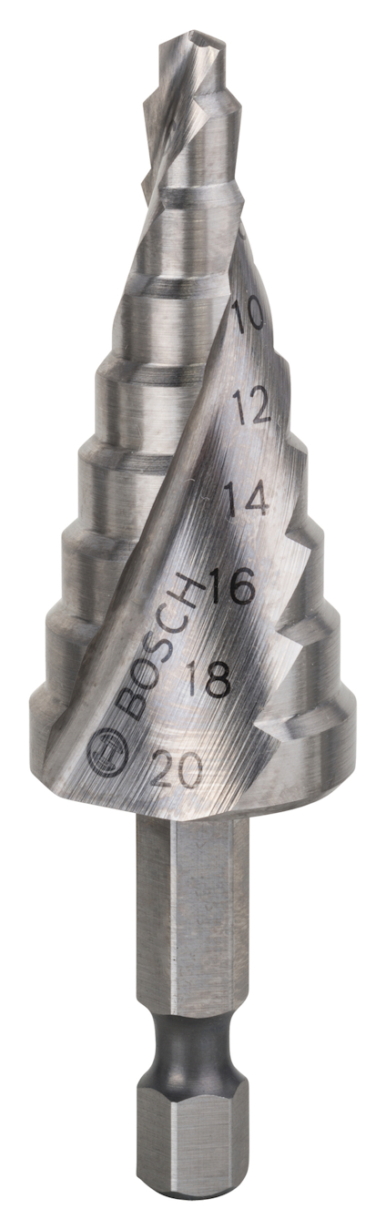 Stegborr med storlekarna 10 till 20 mm markerade. Märkt med "Bosch".