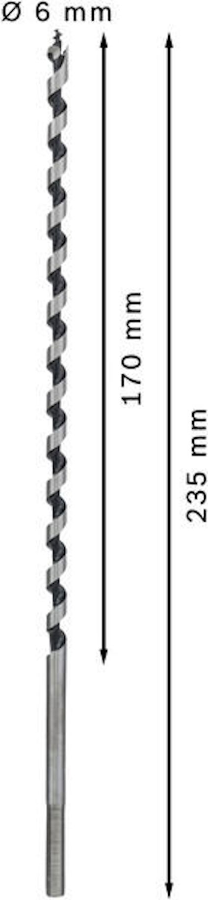 Borr med spiralmönster, längd 235 mm, diameter 6 mm, markerade mått 170 mm.