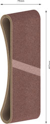 Smal 75x457 mm slipband i brunt sandpapper med papperskärna.