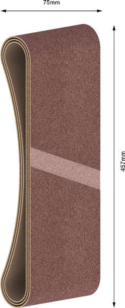 Smal 75x457 mm slipband i brunt sandpapper med papperskärna.