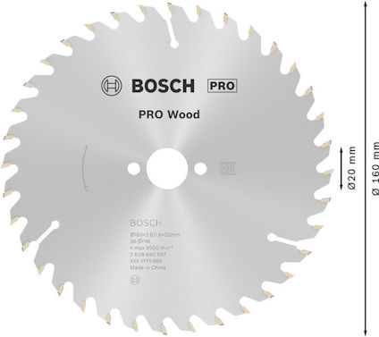 Cirkelsågblad för trä från Bosch med 48 tänder och specifikationer tryckta på ytan. Diameter 160 mm.