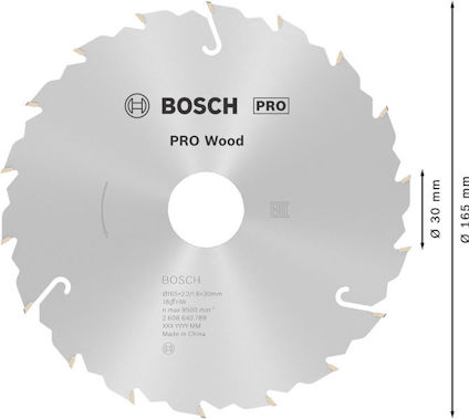 Cirkelsågklinga av märket Bosch PRO Wood, 165 mm diameter, 30 mm hål, grå med silverfärgade tänder.
