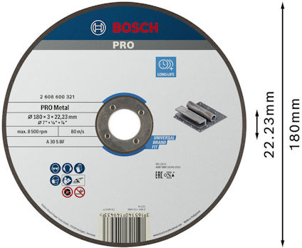 Rund kapskiva med Bosch-logotyp, specifikationer och symboler tryckta på ytan. Diameter: 180 mm.