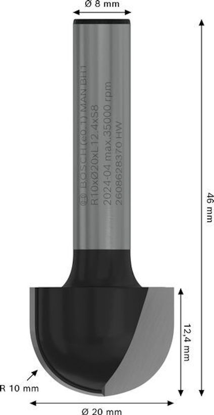 CNC fräsverktyg med totallängd 46 mm, diameter 20 mm, radie 10 mm, skaftdiameter 8 mm.