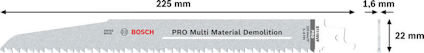 Tigersågblad från Bosch, märkt "PRO Multi Material Demolition", 225 mm långt, 22 mm brett, 1,6 mm tjockt.