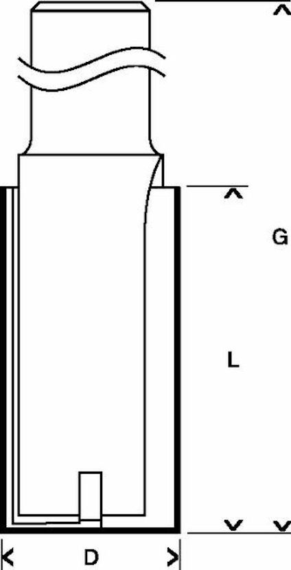 Ritning av en cylinder med måttangivelser: D, G, L.