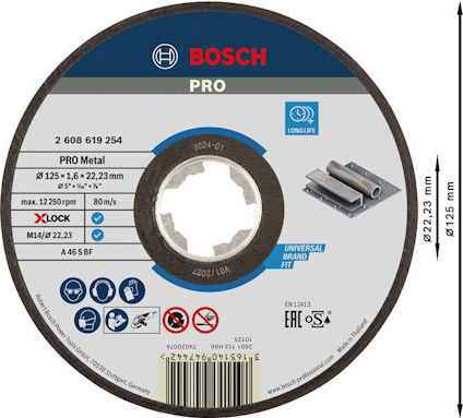 Rund Bosch PRO skärskiva för metall, diameter 125 mm, med text om produktdetaljer och säkerhetsanvisningar.