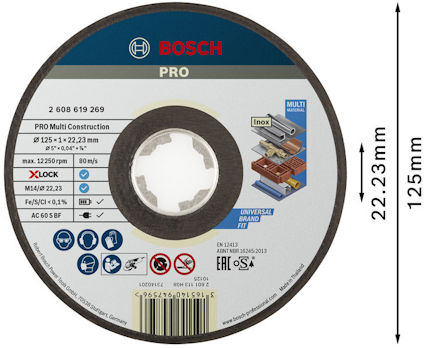 Rund kapskiva från Bosch Pro med specifikationer för multi construction, 125 mm diameter, 22,23 mm hål.