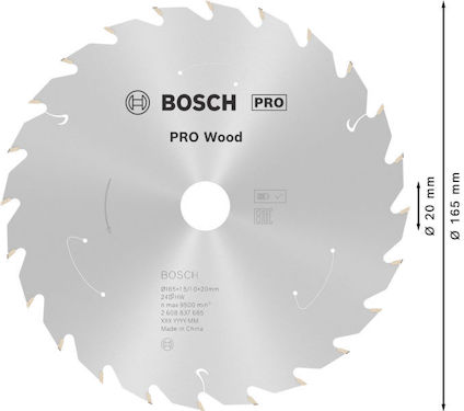 Cirkelsågblad i metall, märkning "BOSCH PRO Wood", diameter 165 mm, håldiameter 20 mm.