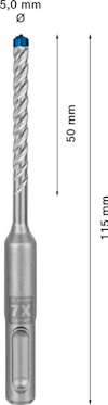 Borr med mått: diameter 5,0 mm, totallängd 115 mm, arbetande del 50 mm, borrspets markerad i blått.