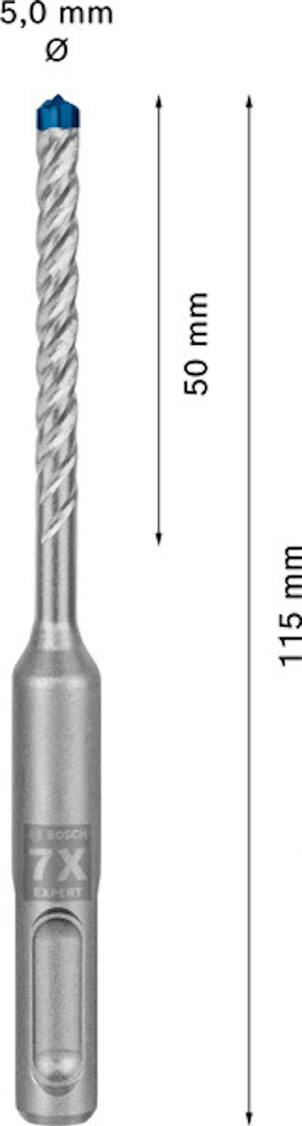 Borr med mått: diameter 5,0 mm, totallängd 115 mm, arbetande del 50 mm, borrspets markerad i blått.