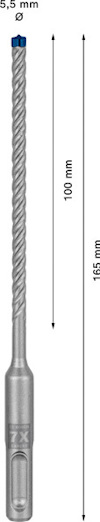 Borrspets med spiraldesign, mätlinjer visar 5,5 mm diameter och totallängd 165 mm, arbetslängd 100 mm.