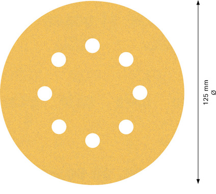 Gult, runt slippapper med åtta symmetriskt placerade hål, 125 mm i diameter.