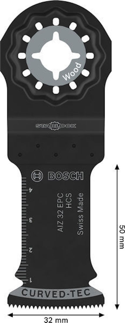 Multiverktygsblad för trä, svart. Märkt "BOSCH" och "SWISS MADE". Skala och piktogram ovanför CURVED-TEC. Måtten 32 mm x 50 mm.