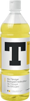 Flaska med Bio Tändgel. Text: "Biologiskt nedbrytbar" och "Tänder gen en godkänd tändanordning".
