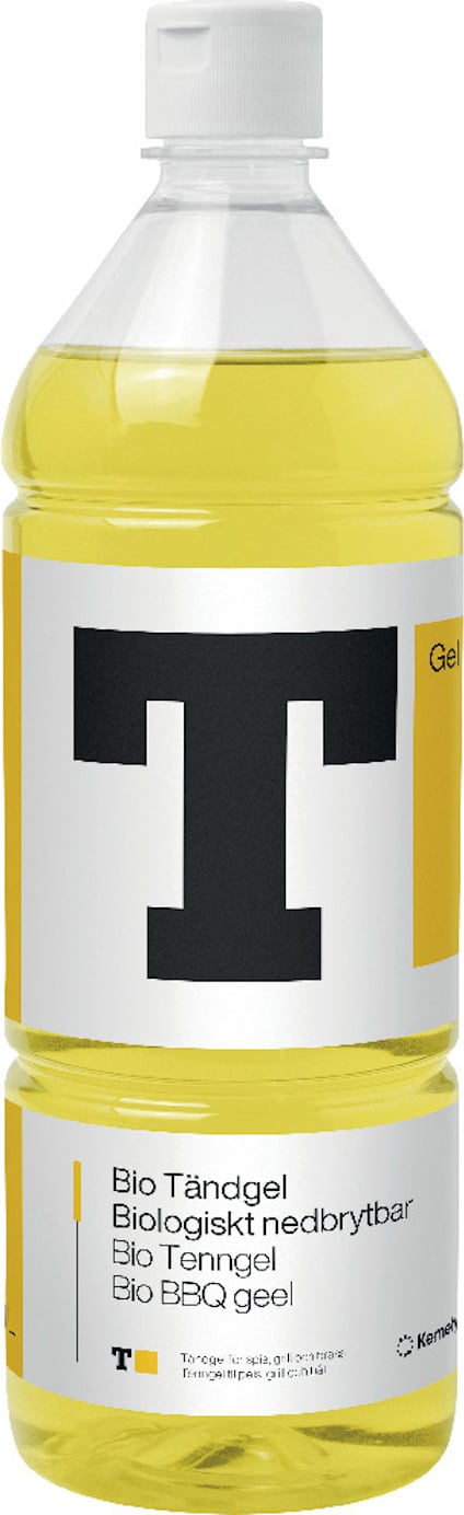 Flaska med Bio Tändgel. Text: "Biologiskt nedbrytbar" och "Tänder gen en godkänd tändanordning".