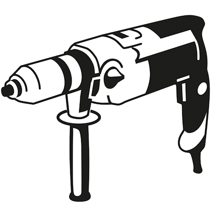 Enkel illustration av en slagborrmaskin med sidhandtag i svartvitt stiliserad.