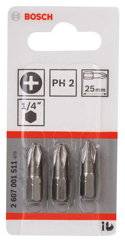 Tre styck bitar från Bosch, PH2, 25 mm, förpackade i genomskinlig plast.