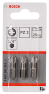 Tre stålskruvbits PZ 2, 25 mm, förpackade i en blisterförpackning med Bosch-logga och specifikationer.