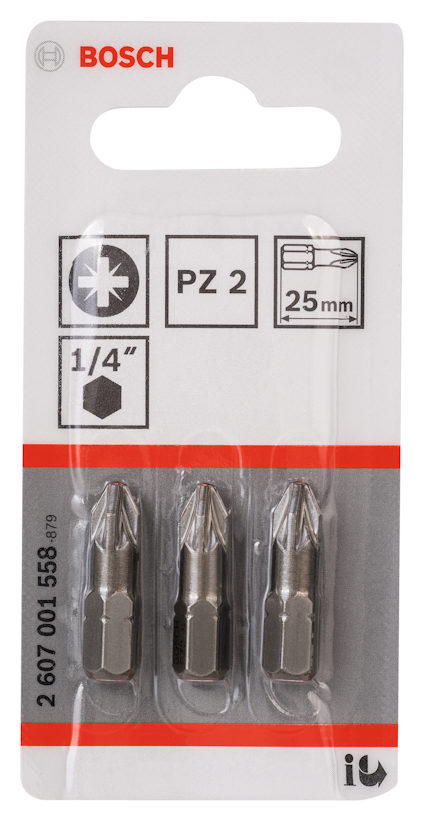 Tre stålskruvbits PZ 2, 25 mm, förpackade i en blisterförpackning med Bosch-logga och specifikationer.