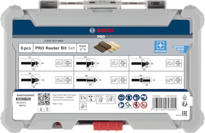 Förvaringslåda för Bosch PRO Router Bit Set, 6 delar, inklusive diagram och informationsetiketter.