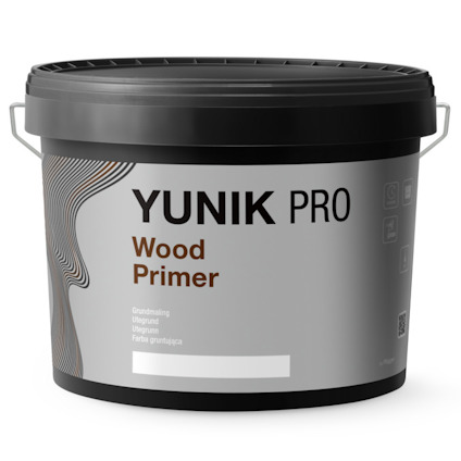 Hink med texten "YUNIK PRO Wood Primer" på etiketten och svarta handtag på sidorna.