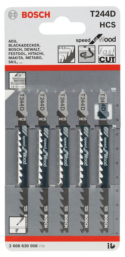 Förpackning med fem Bosch T244D HCS sågblad för trä.