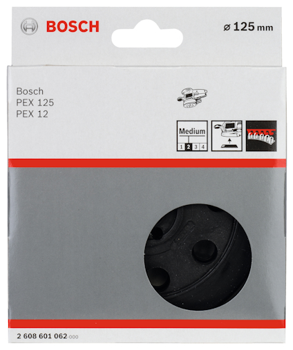 Förpackning för Bosch slipplatta PEX 125, 125 mm, medel grovhet, illustrationer av användning på baksidan.