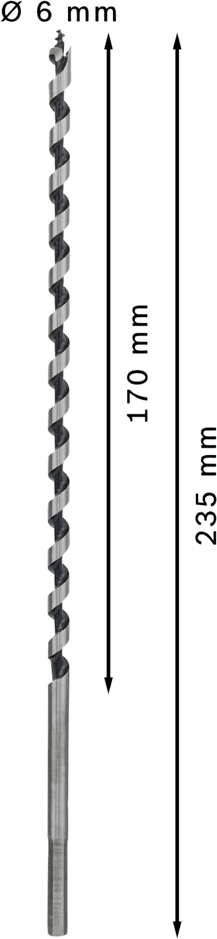 Borr med en diameter på 6 mm, total längd 235 mm, aktiv del 170 mm.