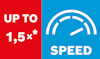 Röd och blå grafik med text: "UP TO 1,5x*" och "SPEED" samt en stiliserad hastighetsmätare.