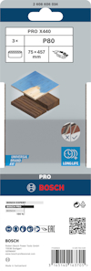 Förpackning med 3 sandpapper, Bosch PRO X440 P80, 75x457 mm, för trä och metall, "Universal", "Long Life", med streckkod.