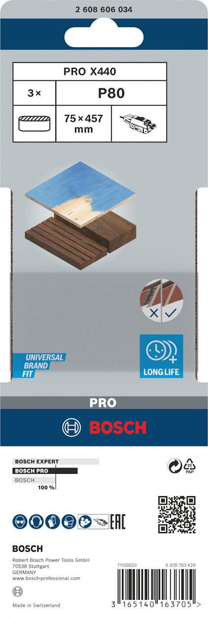 Förpackning med 3 sandpapper, Bosch PRO X440 P80, 75x457 mm, för trä och metall, "Universal", "Long Life", med streckkod.