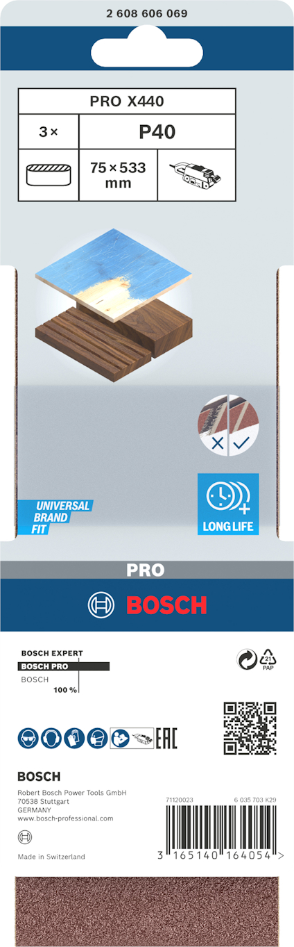 Förpackning av Bosch PRO X440 sandpapper P40, 75x533 mm, 3 st.