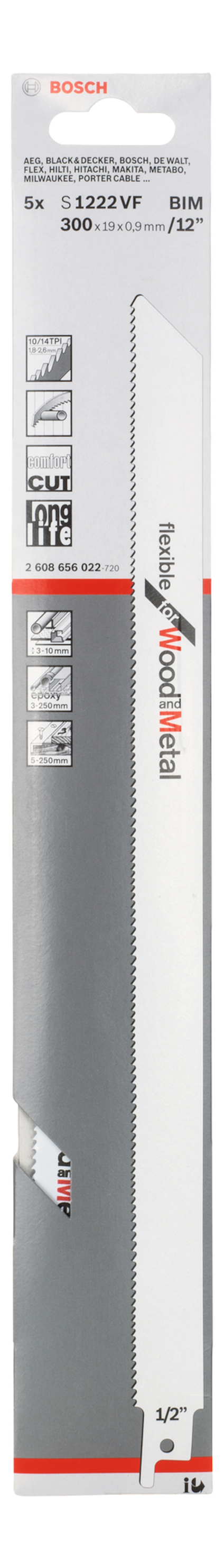 Paket med Bosch tigersågblad, modell S1222VF, längd 300 mm. Förpackningen är vit och grå med text och symboler.