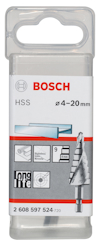 Förpackning med Bosch HSS stegborr, diameter Ø 4–20 mm, och borrskärpa 9 steg.
