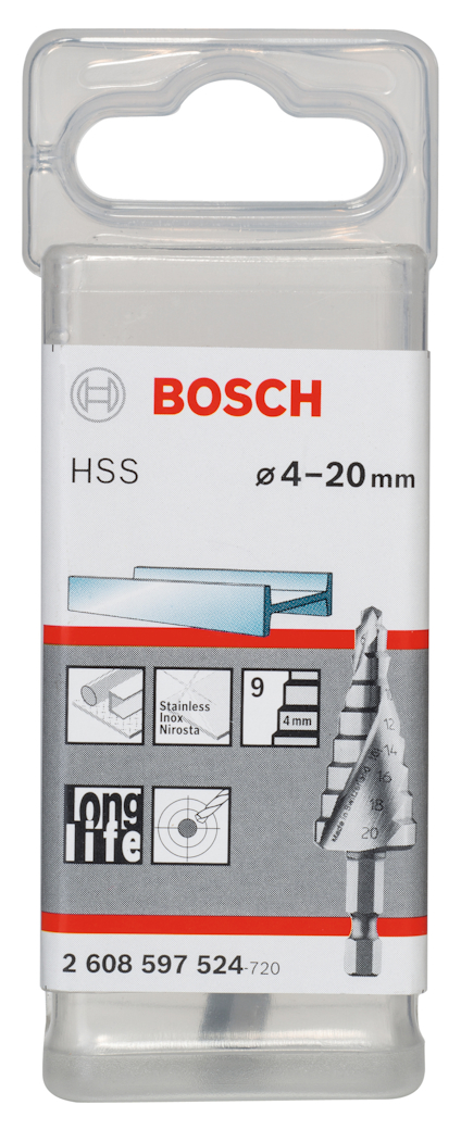 Förpackning med Bosch HSS stegborr, diameter Ø 4–20 mm, och borrskärpa 9 steg.