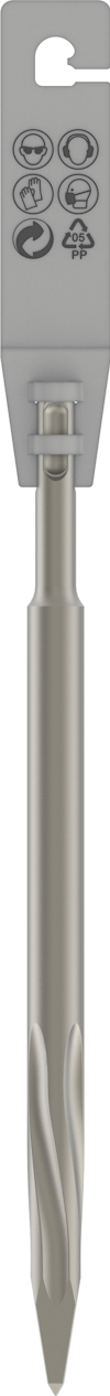 Metalliskt tältspik med spiralformad spets och etikett med symboler högst upp.