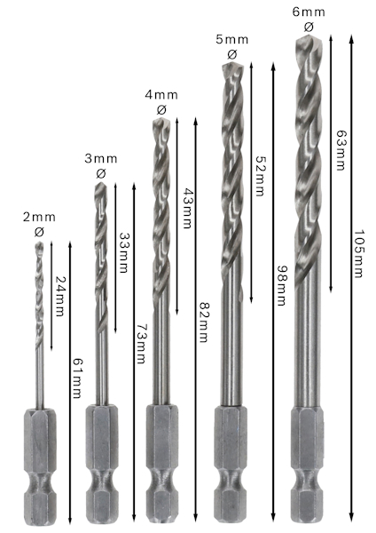 Borrar i olika storlekar från 2 mm till 6 mm med märkta dimensioner i både längd och diameter.