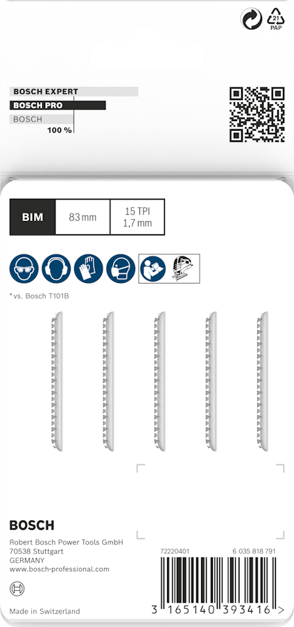 Förpackning av Bosch sågblad, 83 mm, 15 TPI, 1,7 mm tjocklek. BIM-material. QR-kod och Bosch-logotyp synliga.