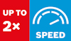 Röd och blå grafik med texten "UP TO 2x SPEED" och en vit hastighetsmätare.