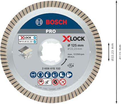 Diamantkapskiva Bosch Pro X-Lock, 125 mm i diameter, med säkerhets- och användningsinstruktioner samt artikelnummer.