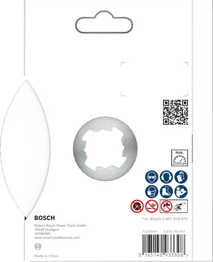 Verpackung von Bosch mit Kreisöffnung und QR-Code, Text: "Stuttgart", "Made in China", Symbole für Kompatibilität.